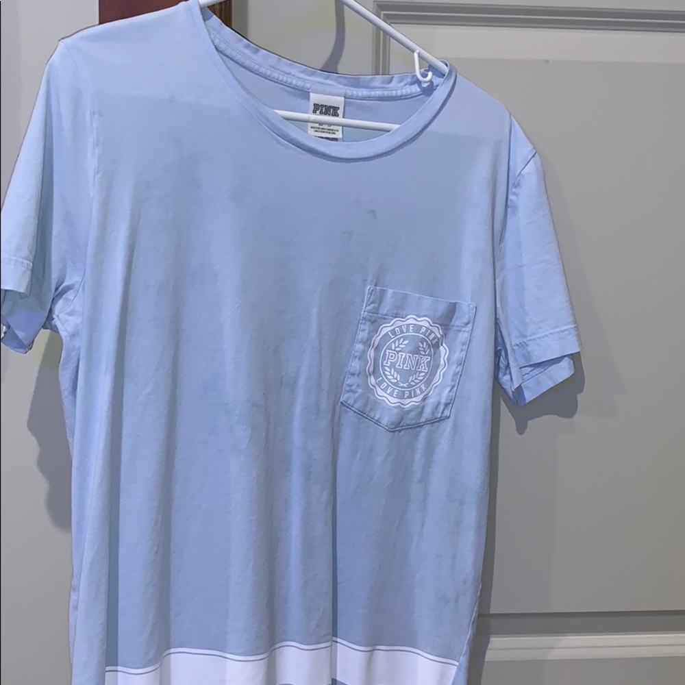 PINK light blue and white short sleeve shirt.